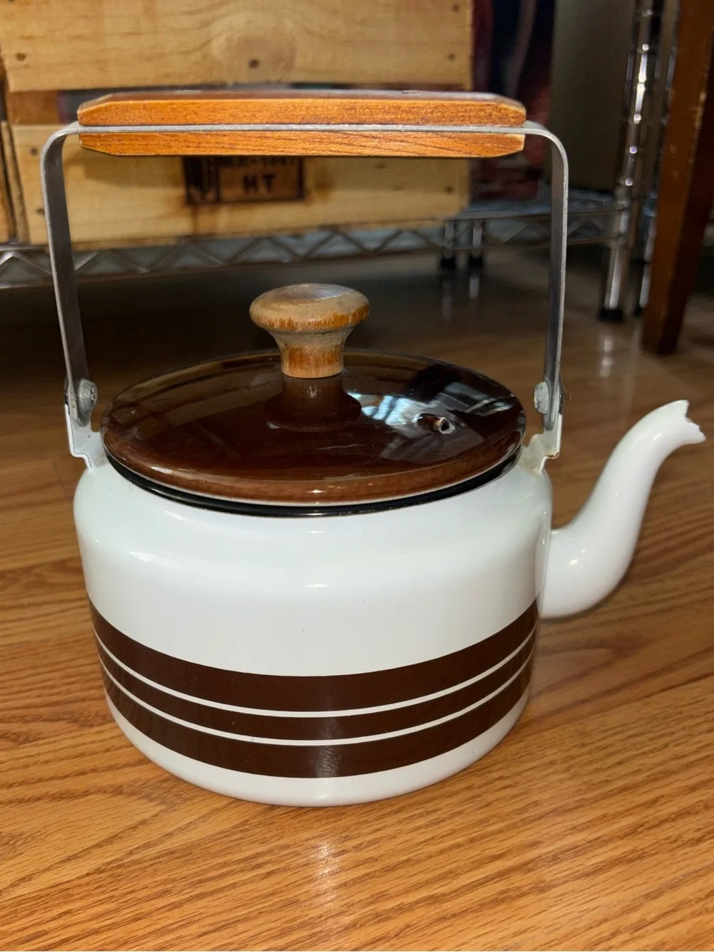 Classic White and Brown Striped Enamel Tea Kettle with Wooden Handle